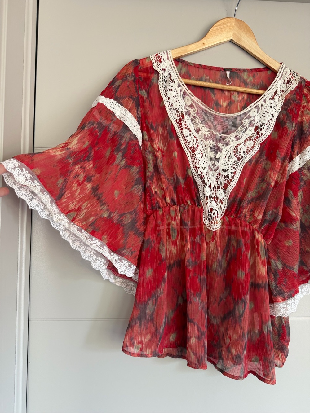Free People Crimson Floral Lace-Trim Peasant Blouse - Picture 6 of 8